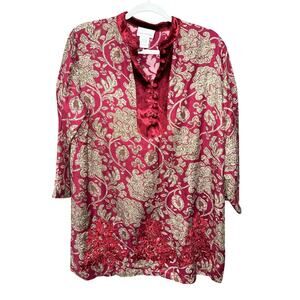Soft Surroundings Velvet Burnout Tunic Blouse Red floral Scroll Embroidered Med